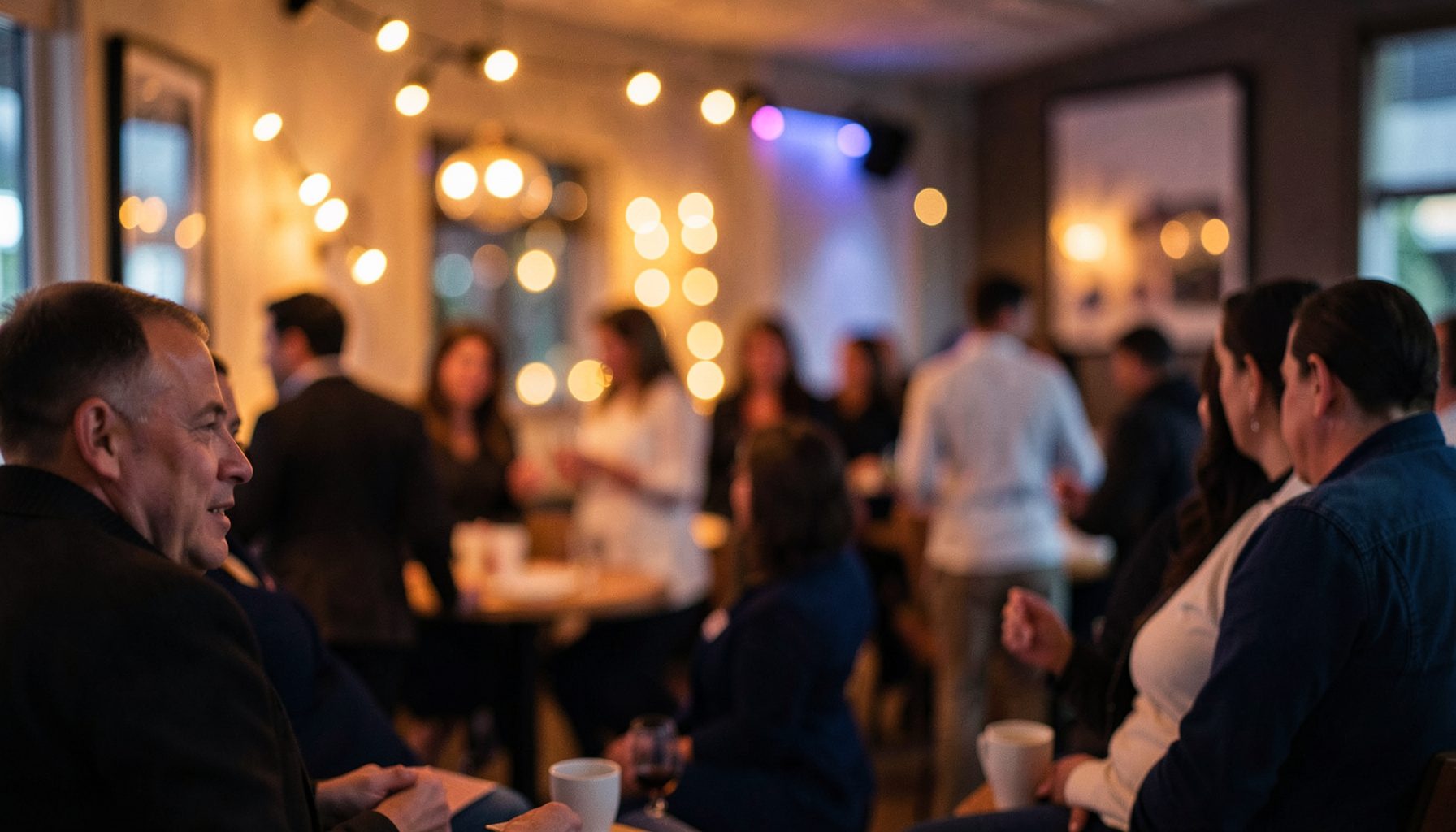 Warm amber and deep blue tones blend across a softly lit community gathering space, with bokeh lights suggesting conversation and connection.
