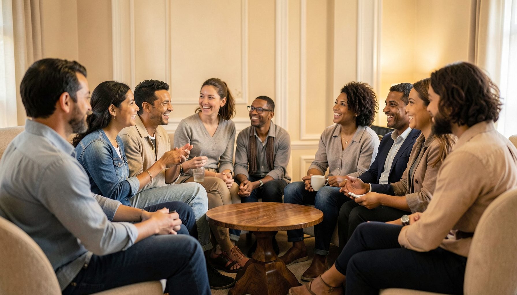 A diverse group of people seated in a circle engaged in animated conversation, warm indoor lighting with soft beige and cream tones.