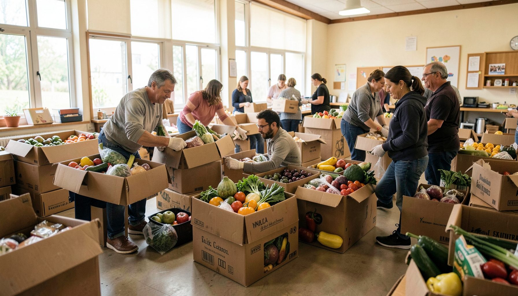 Volunteers packing food boxes in a bright community hall, natural light, cardboard boxes and fresh produce in warm earthy colors.