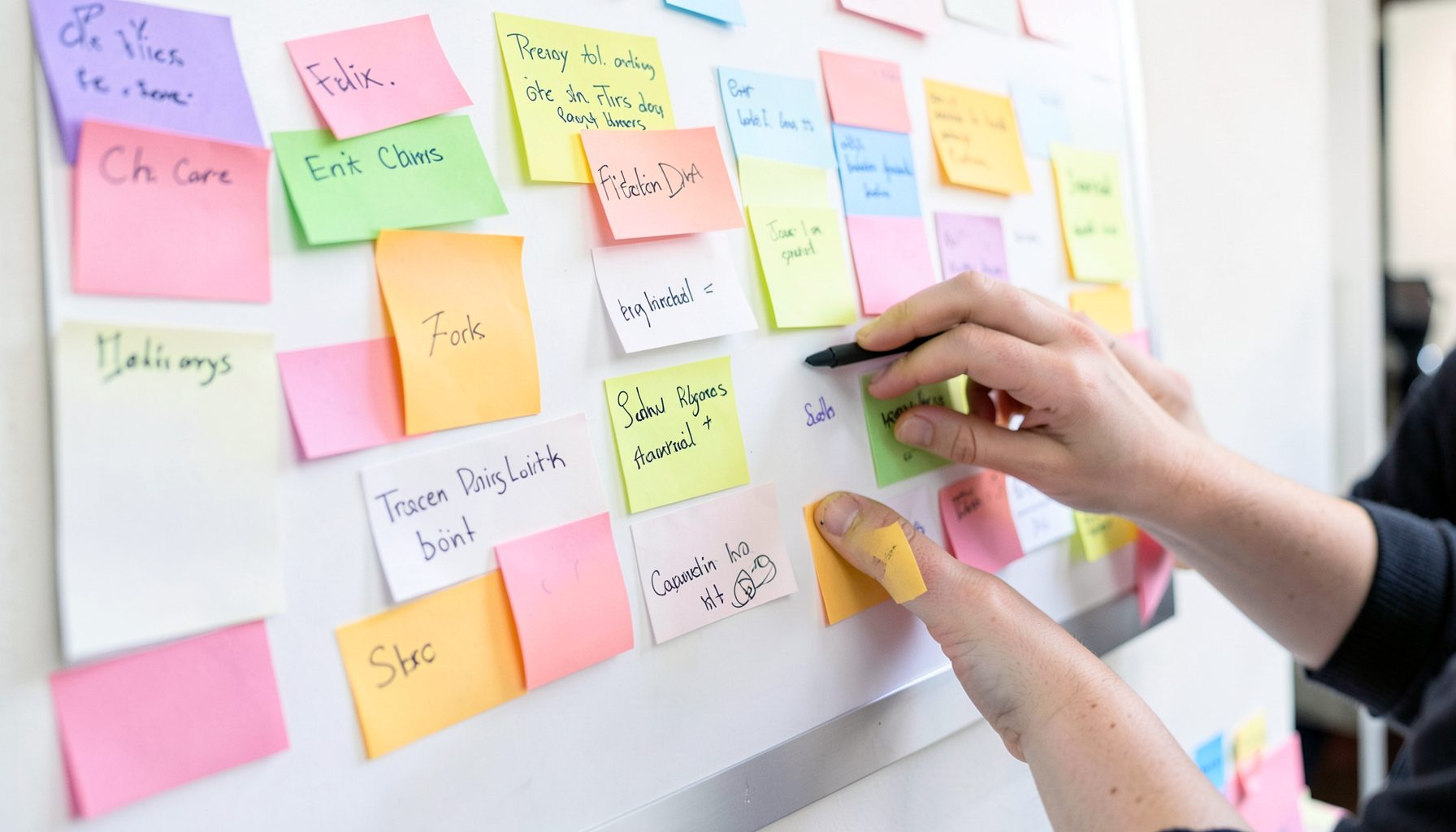 Hands placing notes on a large idea board, colorful sticky notes against a white wall, bright and energetic mood.