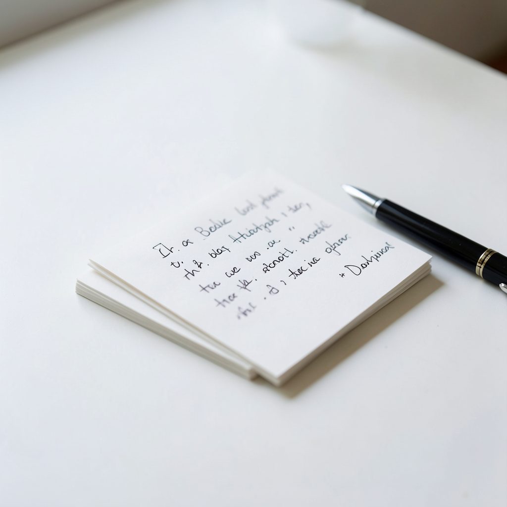 A stack of handwritten note cards and a pen on a plain white table, softly lit, suggesting ideas being written down and shared