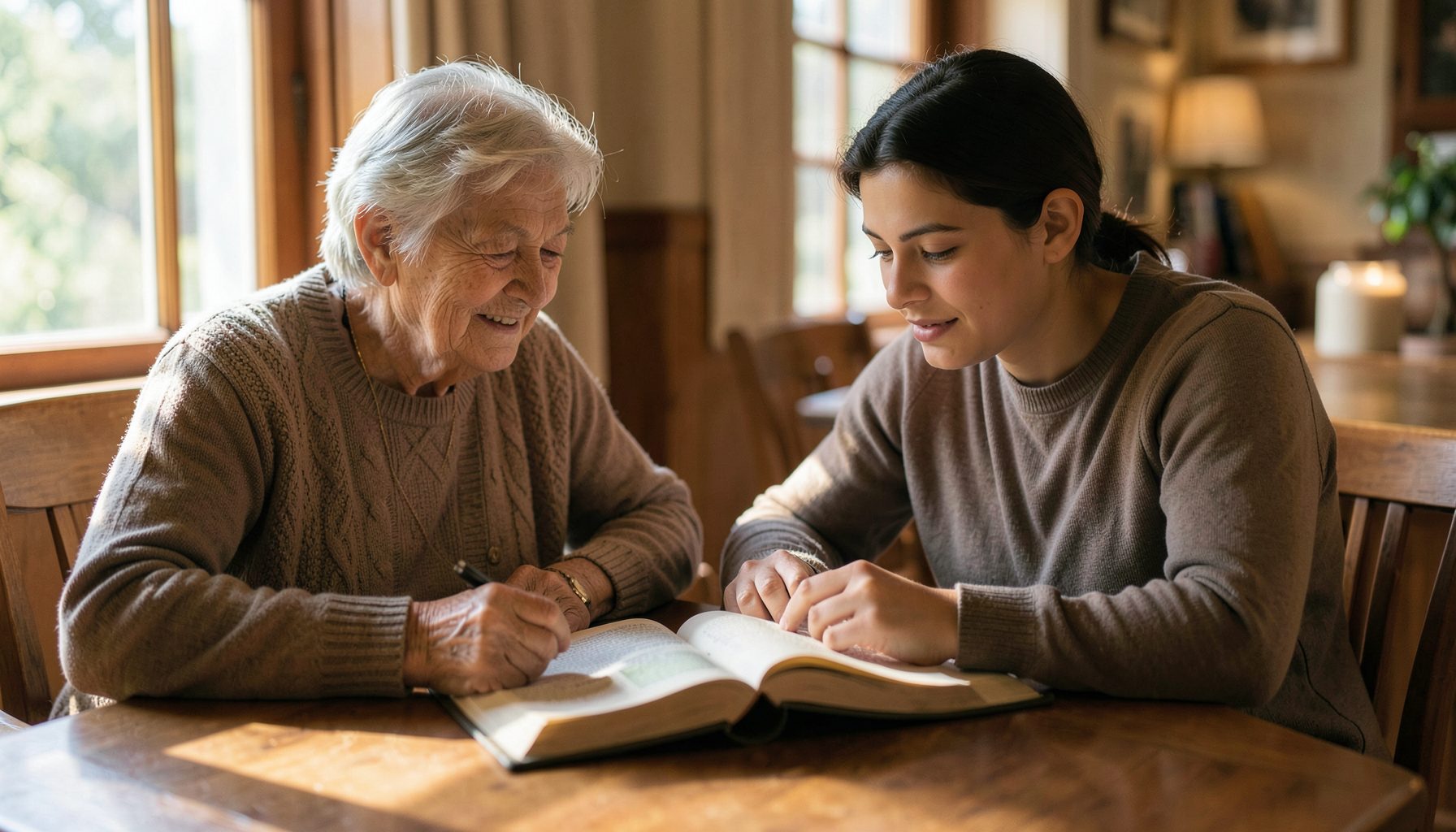 An older person and a young adult sharing a book at a table, natural window light, warm wood tones and soft shadows.