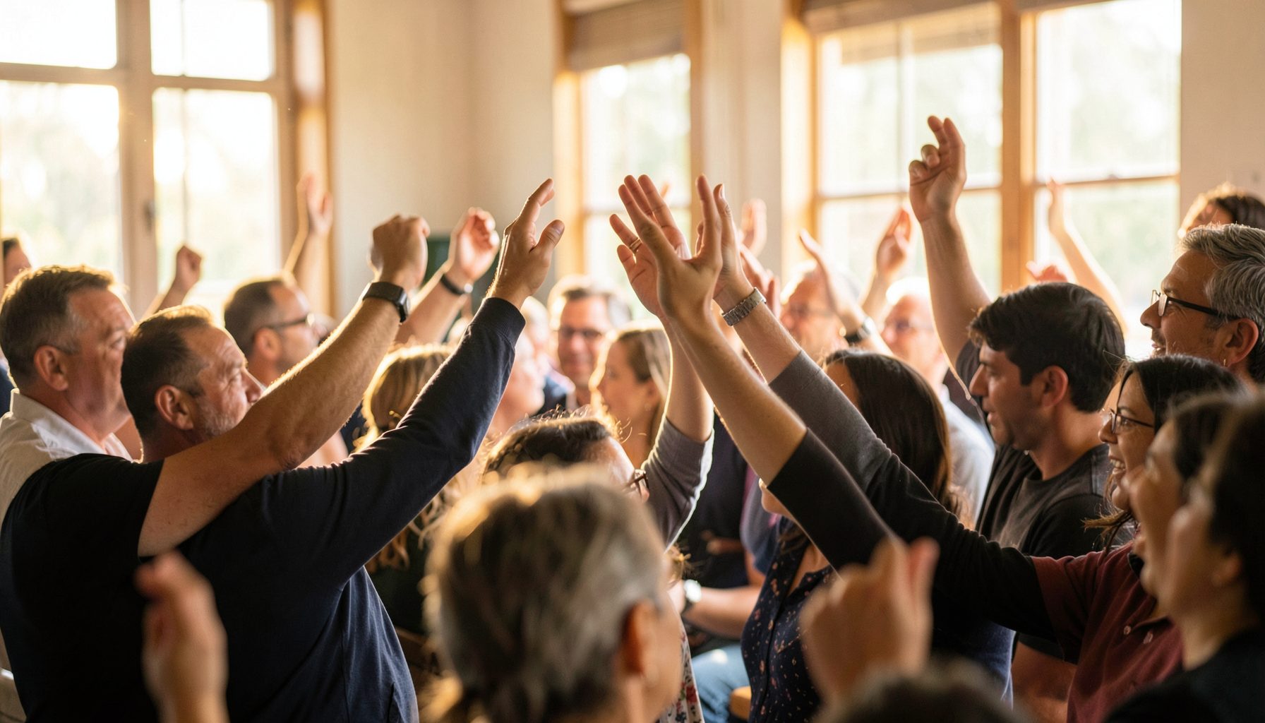People raising hands at a community gathering, afternoon light streaming through windows, warm and hopeful atmosphere.